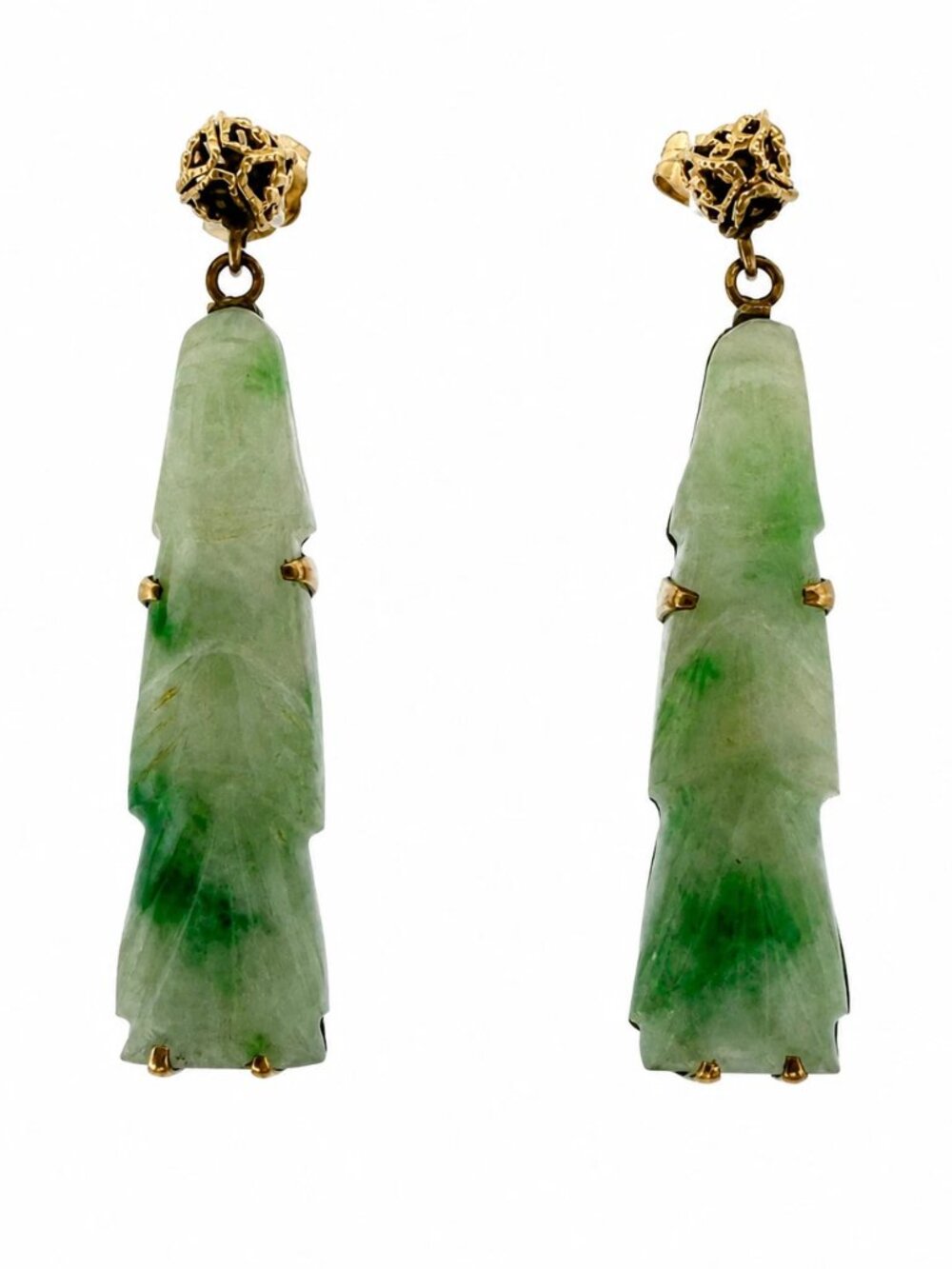 Vintage 14K Gold Carved Jade Drop Earrings Green Jadeite 8.16g Estate